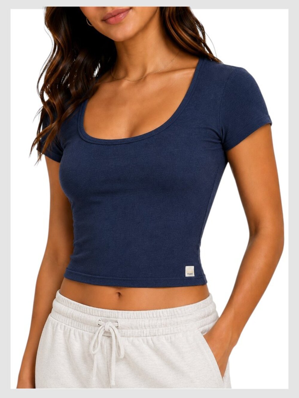 Vuori Halo Crop Top Navy Blue Built In Bra Scoop Neck S